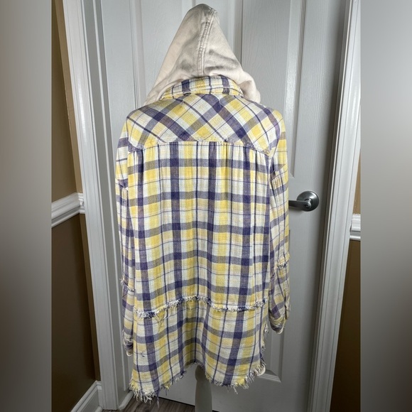 FREE PEOPLE Calico Basin Plaid Hooded Shacket Ivory Blue Combo Medium - Picture 13 of 14